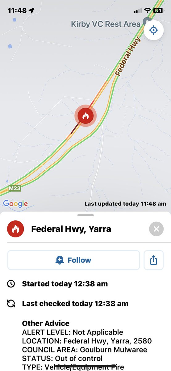 GoulburnScan's tweet photo. Vehicle Fire - Federal Highway Yarra - x Thornford Rd - Northbound - vehicle well alight - Use caution  #goulburnscan #federalhighway #yarra https://t.co/iT1ehQdKMX