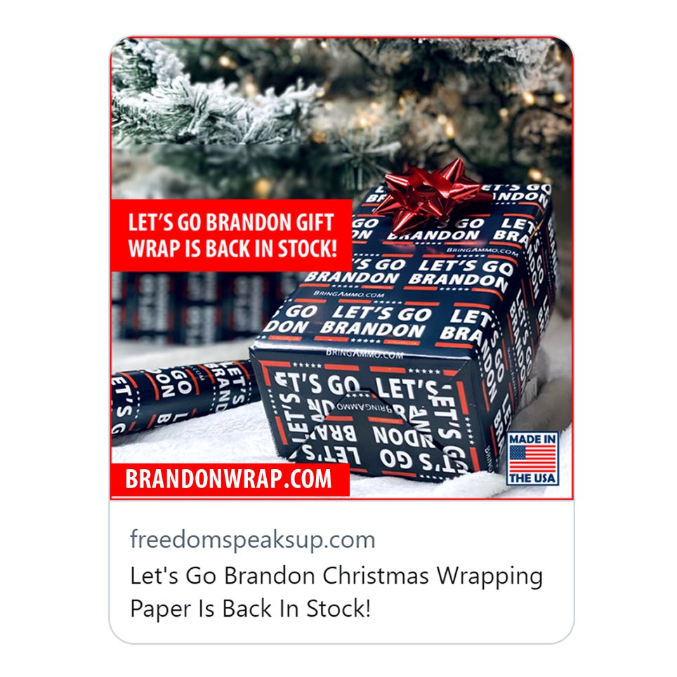 @elonmusk Pls encourage your staff to unban my ads account for running this “inappropriate” ad for… Wait for it… Let’s Go Brandon Wrapping Paper!😁 This is your team & this is the real ad that got my account banned lol