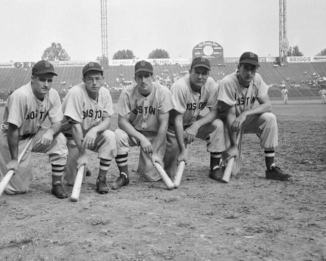 OldSchoolBoston's tweet photo. L-R Bobby Doerr, Dom DiMaggio, Johnny Pesky, Rudy York and Ted Williams. 1946. https://t.co/LD517Al7td