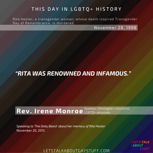 talkgaystuff's tweet photo. This day in #LGBTQ+ #history Rita Hester, a transgender woman, was murdered in the Boston metro area in 1998.

Her murder shocked the Boston trans community and her death inspired Transgender Day of Remembrance, now held annually on November 20th.

#ritahester #tdor #transgender https://t.co/RgqX2wXa8J