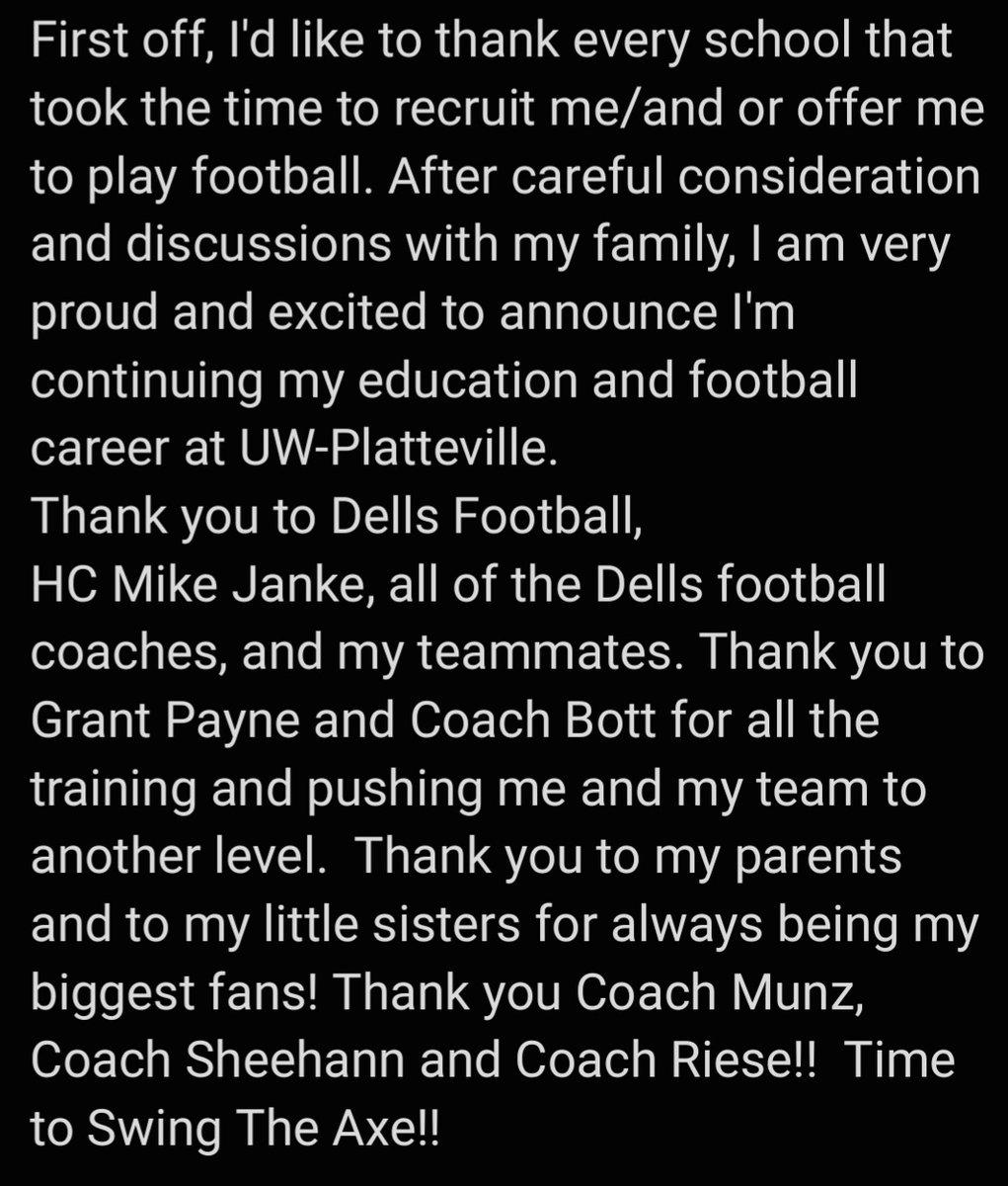 Excited to announce my commitment!!!
Thank You WD Football and <a href="/MikeJanke09/">Mike Janke</a>.
Thank You <a href="/UWPlattFootball/">UW-Platteville Football</a> <a href="/Ryan_Munz/">Ryan Munz</a> <a href="/CoachSheehan12/">Patrick Sheehan</a> <a href="/RieseDraft/">Owen Riese</a> 
TIME TO SWING THE AXE ⛏️