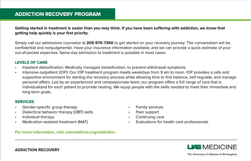 #Addiction can affect anyone, and getting started in treatment is easier than you think. Learn more about the #AddictionRecovery treatment options available at UAB Medicine: