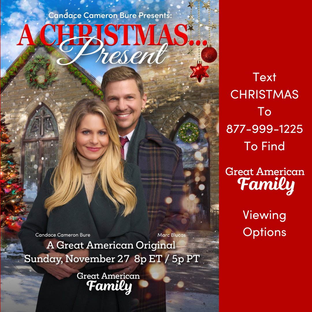 RT to let us know you're watching! #GreatAmericanFamily is proud to premiere @candacecbure Presents: #AChristmasPresent STARTING NOW, with surprises ahead! #GreatAmericanChristmas #WelcomeHome 🎄