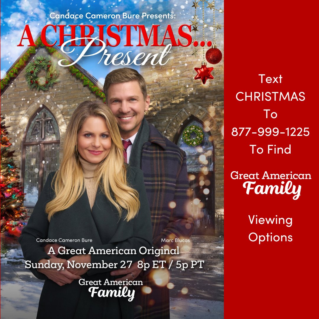 RT to let us know you're watching! #GreatAmericanFamily is proud to premiere <a href="/candacecbure/">Candace Cameron Bure</a> Presents: #AChristmasPresent STARTING NOW, with surprises ahead!  #GreatAmericanChristmas #WelcomeHome 🎄