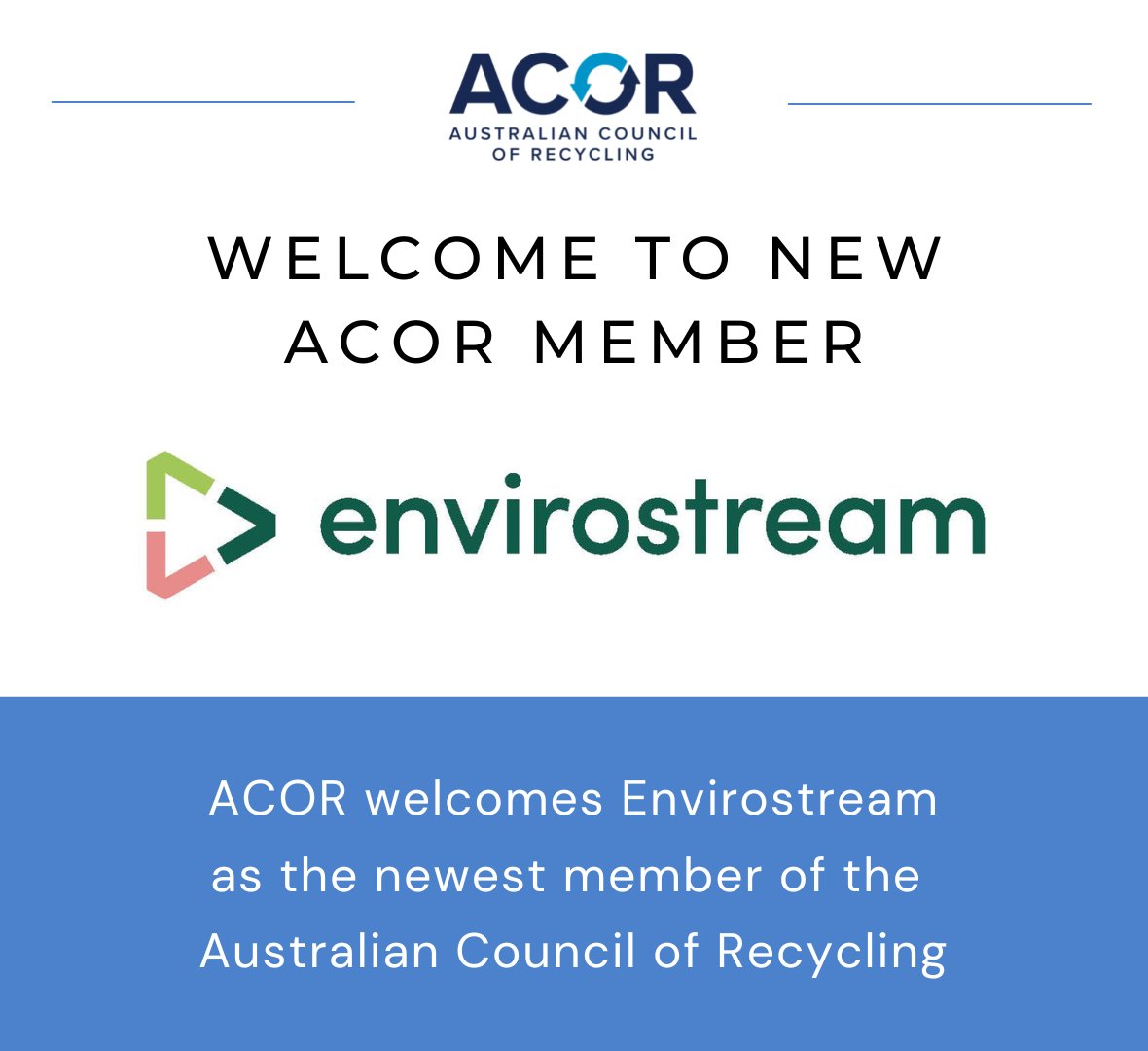 Australian Council of Recycling (@acor11) on Twitter photo We are delighted to welcome a new member to ACORās network, <a href="/EnvirostreamAus/">Envirostream</a> who provide a #sustainable solution by collecting, sorting and processing critical battery metals from all types of spent batteries to power the batteries of tomorrow. We are delighted to welcome a new member to ACORās network, <a href="/EnvirostreamAus/">Envirostream</a> who provide a #sustainable solution by collecting, sorting and processing critical battery metals from all types of spent batteries to power the batteries of tomorrow.