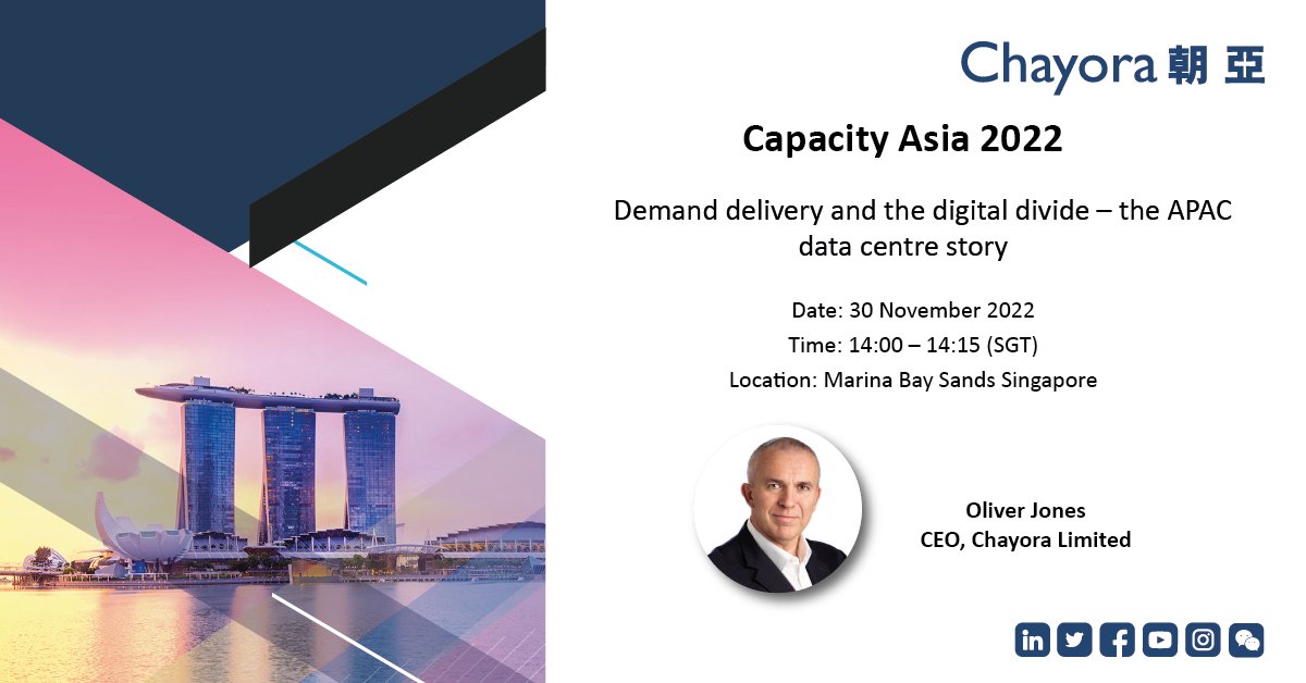 Great to be back at Capacity Asia! Don’t forget to join Oliver’s session on 30 November 14:00 – 14:45. He will be on a panel session: Demand delivery and the digital divide – the APAC data centre story
 
Check here for more details - chayora.com/capacity-asia-…