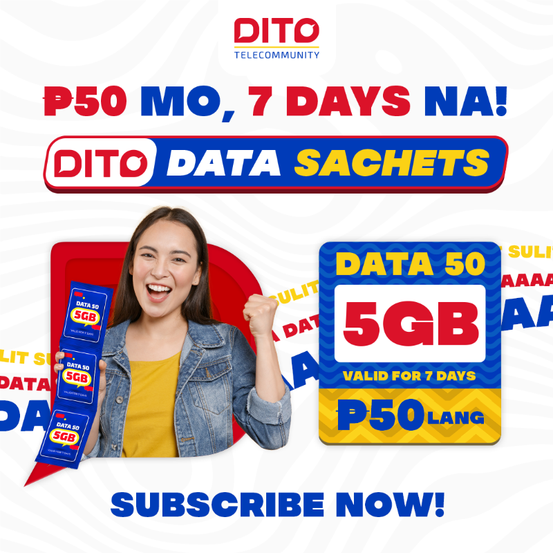 DITOphofficial's tweet photo. Ang P50 mo, may 5GB data valid for 7 days na!

TODO gaming ka na with the all-new DITO Data Sachets! Now available on the DITO APP and your nearest DITO Experience and Retail Stores! Kaya bili na!​

#TodoNaDITO #DITODataSachets #DITOph #DITOtelecommunity