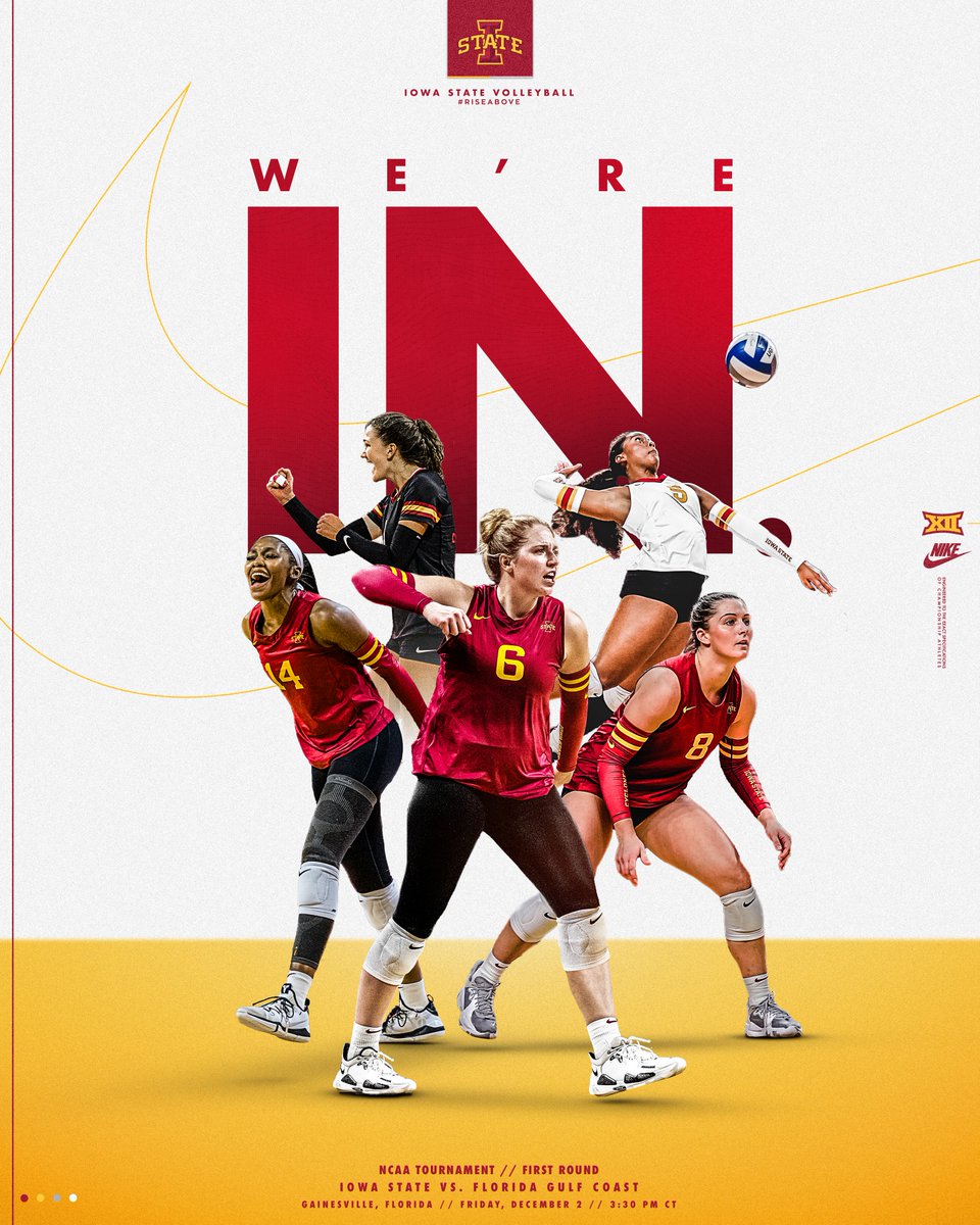 𝑊𝐸. 𝐴𝑅𝐸. 𝐼𝑁.

No. 6 Seed Iowa State takes on Florida Gulf Coast this Friday in Gainesville, Florida!

#NCAAWVB // #RiseAbove