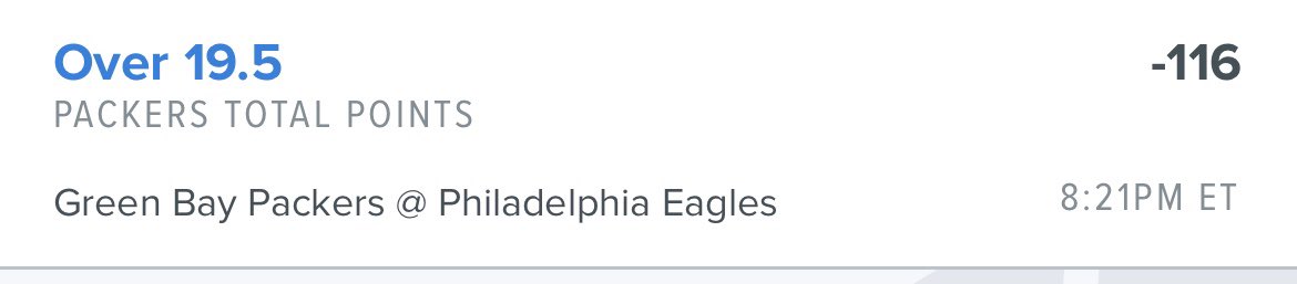 PlaysStraight's tweet photo. I’m putting 4 units on OVER 19.5 for the #Packers #TeamTotal #GamblingTwitter #NFLProps #FreePlays #FreePicks #SNF #NFL https://t.co/YLOXx3R1yH