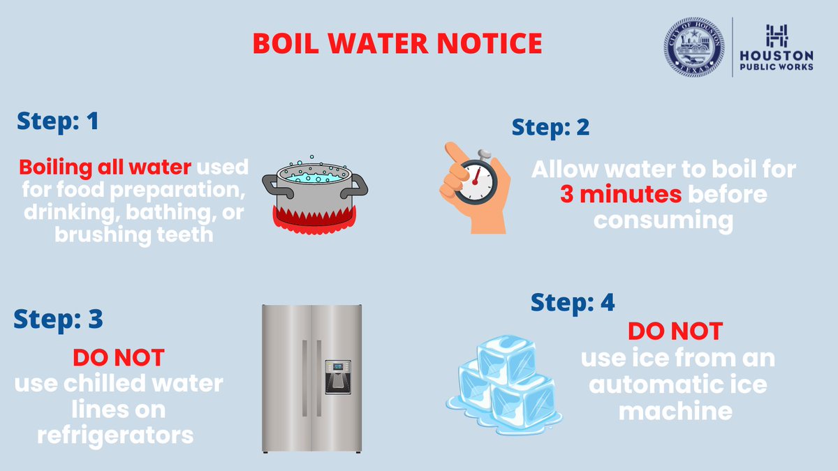 A boil water notice has been issued for the City of Houston ‼️ Everyone should boil the water before drinking, cooking, bathing, and brushing their teeth.

More Information Below
bit.ly/3gNfKaW