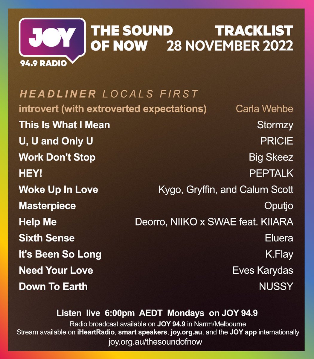 Tonight on #TheSoundofNow: @Carlawehbe sums up the feeling of not wanting to go to the party but wanting to be asked, @priciemusic brings us a bop, Oputjo's debut single is a literal masterpiece, and @kflay returns to dancing🎶 6PM AEDT | @JOY949 | stream on iHeartRadio