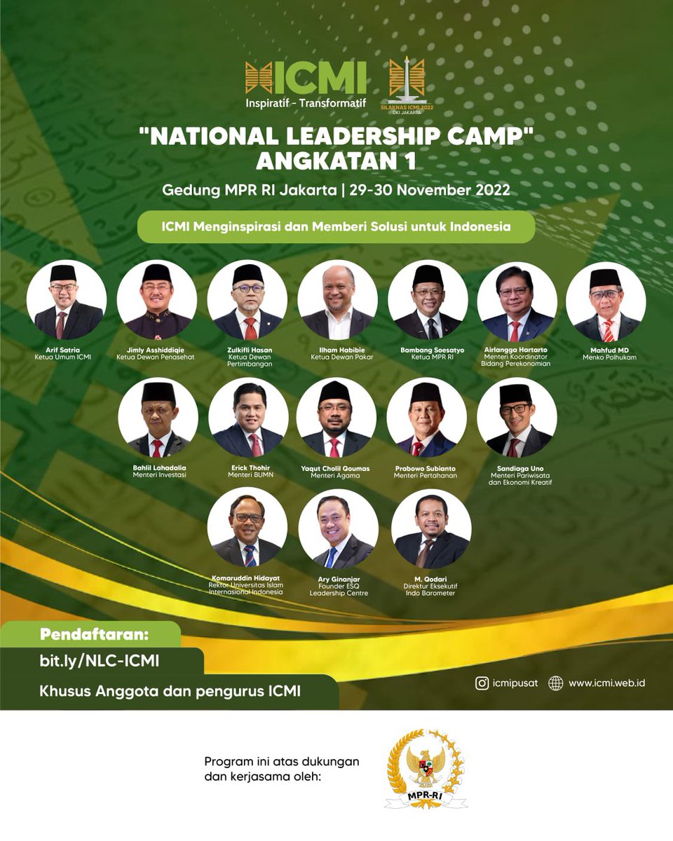 H-1 ICMI National Leader Camp Angkatan 1! Akan dilaksanakan Selasa dan Rabu, 29-30 November 2022 di Gedung MPR RI Jakarta! #SilaknasICMI2022 #ICMILeadershipCamp