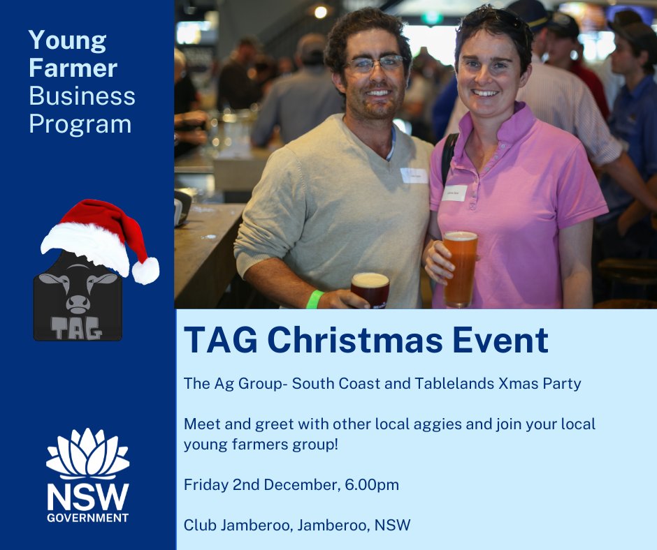 What's on this week at YFBP? 

Young farmers and fishers on the South Coast, the TAG-South Coast &amp; Tablelands Christmas event is this Friday, at Club Jamberoo

😎 RSVP for catering here 👉 bit.ly/TAGxmas