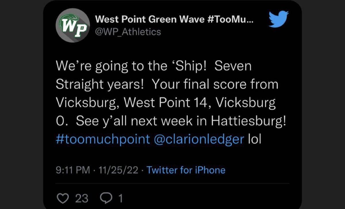 Thescottlashley's tweet photo. Egg bowl on Thursday #HailState
West Point wining north half on  Friday #greenwave 
&amp; multiple of @ScottLashleyPRF athletes headed to the championship ( @QBTPetty @Cjwillis_ @jhacemallard @keshawnhenley3 @DequadrionW @Isaiah3__ @_iamchrishayes )
#FaithFamilyFootball https://t.co/d7cUC0hTls