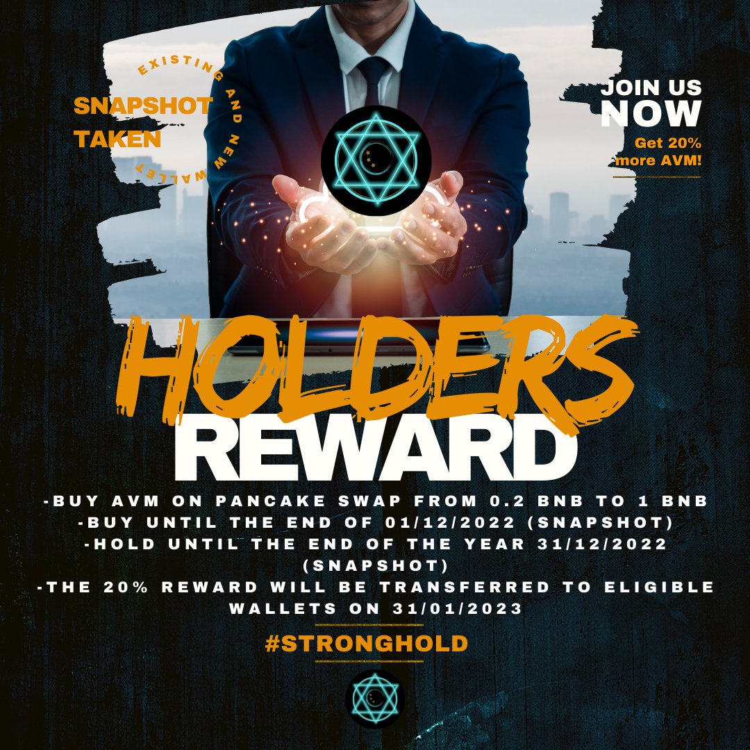 AlchemyVirtualM's tweet image. Good NEWS 🗞️: HODL EVENT🎉

Holders Event is now Activated. 
Time to load your bags to receive 20% more AVM! 💰

pancakeswap.finance/swap?outputCur…

Good Luck #HODLERS 🍀