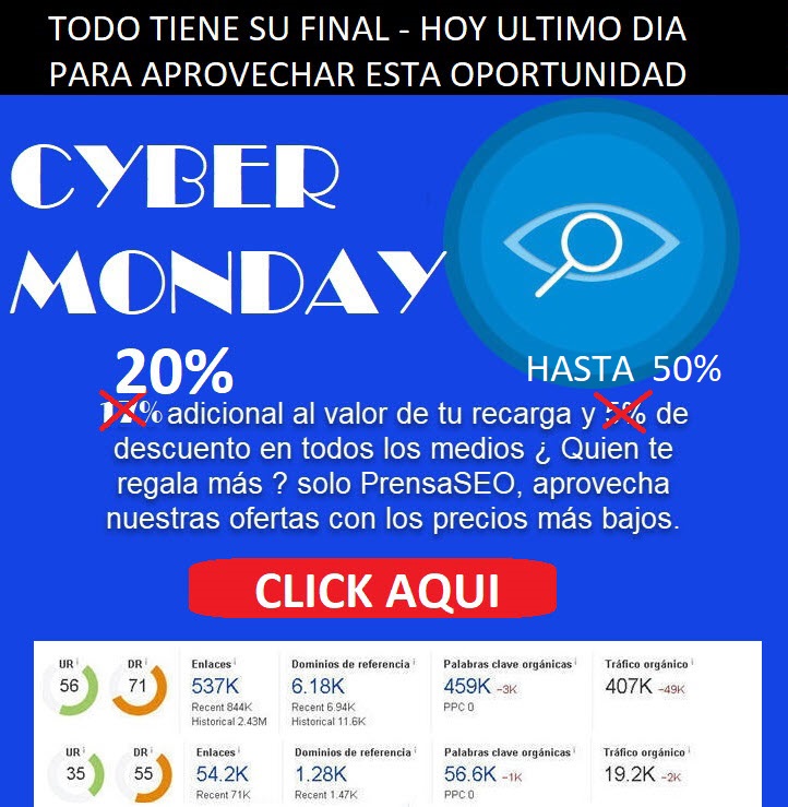 prensaseo_com's tweet photo. ►►►► CYBER MONDAY en PrensaSEO ►►► ,  SEGUIMOS CON LOS REGALOS , HOY 20% adicional al valor de tu recarga y hasta el 50% de descuento en el precio de todos los medios , visítanos en  https://t.co/xW5WPzMxwy         
#linkbuilding 
#blogger  #seo #CyberMonday2021 https://t.co/sLmMuJu6Xu