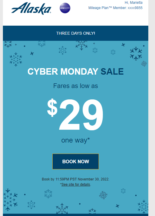 airmarietta's tweet photo. The famous @AlaskaAir #cybermonday sale has $29 fares. Travel Tu/We/Sa 9Jan-8Mar (x16-27Feb). Ticketing window thru 30Nov. Taxes are around $15 so the revenue is slim for these flights. #buildthatbase #travel https://t.co/qvp4cDgL7j