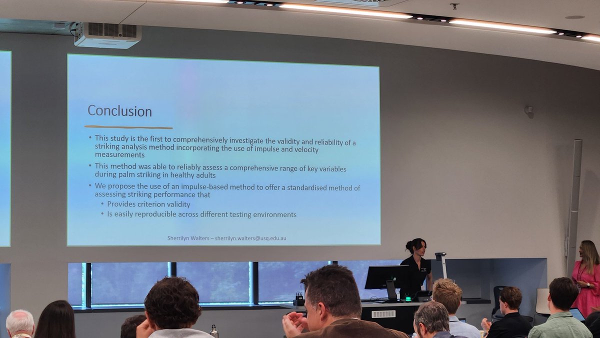 Logemas's tweet photo. Over to @unisqaus with @WSherrilyn presenting "Reliability of a novel impulse-based method to analyse human striking performance" 

@BiomechHoff @CelesteColtman @DrDeanMills 
#ABC13biomech #biomechanics @ANZSB https://t.co/VHIDKUIcxX