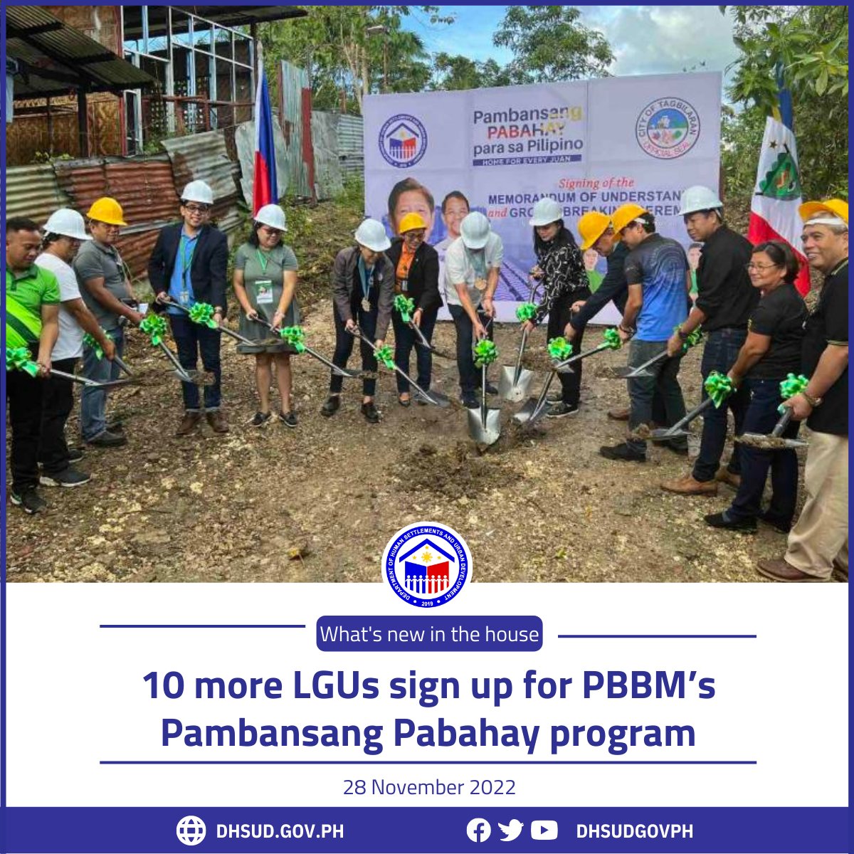 WHAT'S NEW IN THE HOUSE. Ten more local government units (LGUs) have signed up to be partners of #DHSUD in its mission to build one million houses every year under PBBM’s Pambansang Pabahay para sa Pilipino Program. 

Read the full story here: dhsud.gov.ph/news/10-more-l…