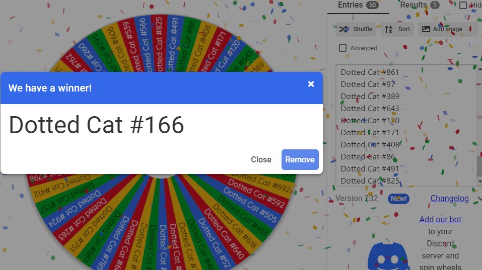 CatsDotted's tweet photo. Mint Contest is Over ✊

Congrats to holder of Dotted Cat #166 on winning a @Atomic___Aliens 🔥

Sol txn - https://t.co/sp4TiCiXxp https://t.co/ITGJpLroCW