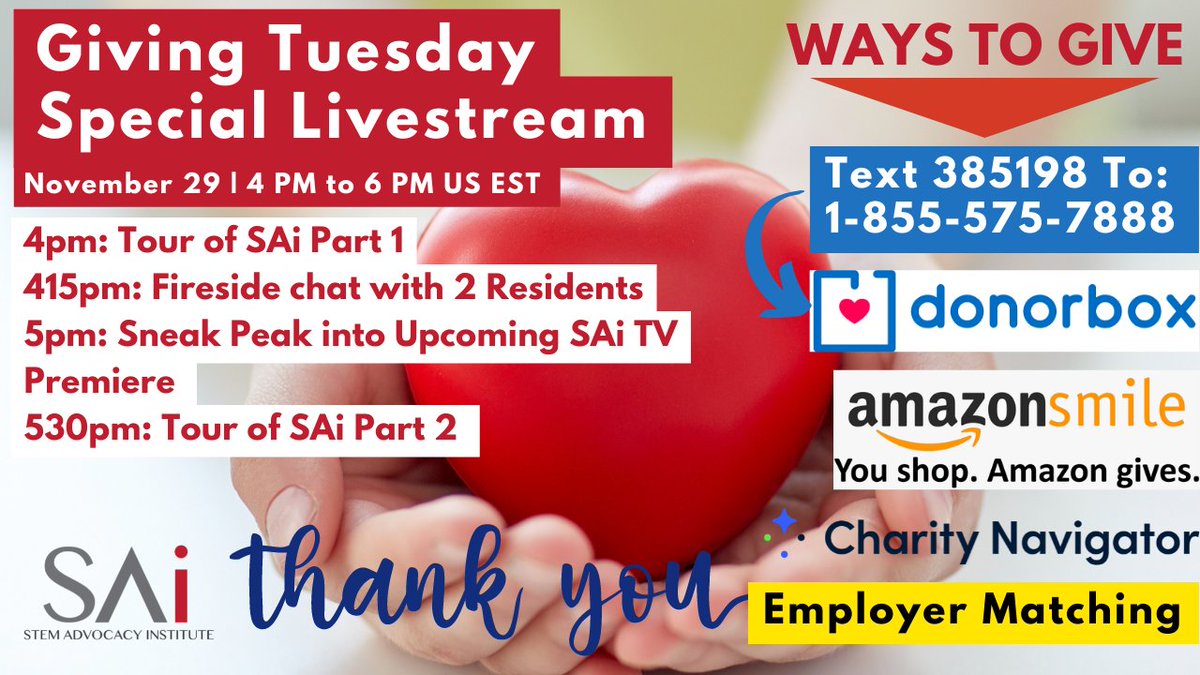 Wanna shop this #CyberMonday & give to SAi at the same time? Consider using @amazonsmile and select SAi. Or you can text 385198 to 1-855-575-7888 (US Only) to give. Join us on #GivingTuesday2022 for our marathon livestream starting at 4pm ET Nov 29. 😀😎youtube.com/watch?v=CDZ_Dw…
