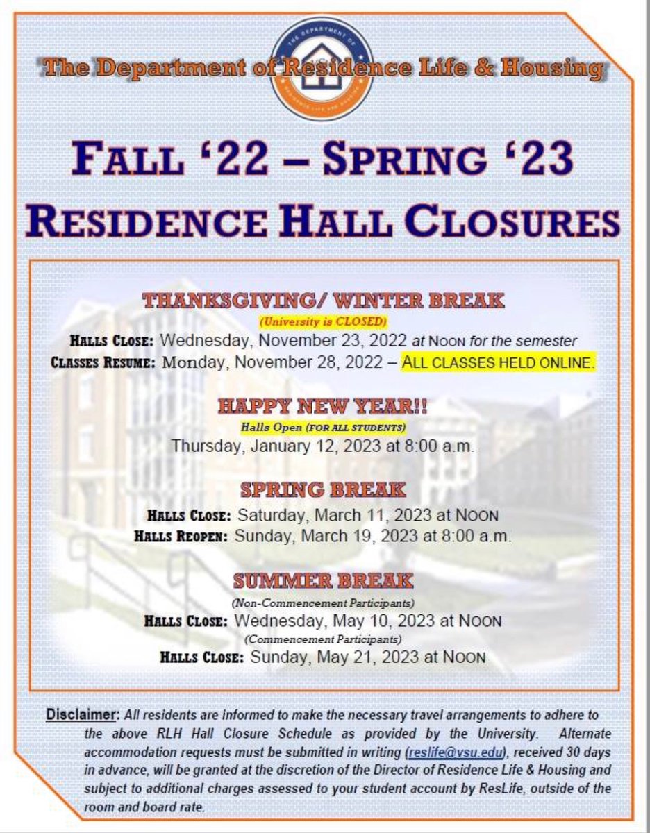 VSU Residence Halls are CLOSED for Winter Break!!! Trojans, we will see you all on January 12, 2023. 

#VSU #VSU26 #VSU25 #VSU24 #VSU23