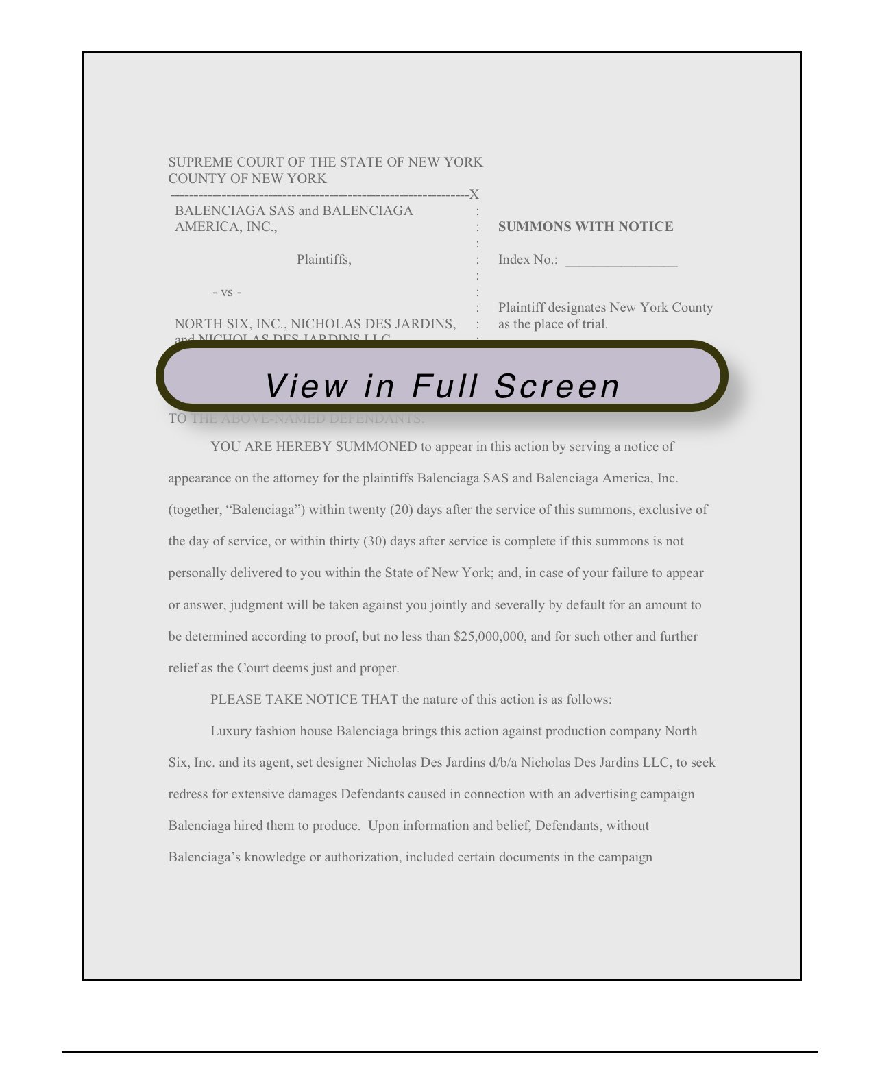 LOUIS on X: The Balenciaga NY Supreme Court case summons. Balenciaga SAS,  et al., v. North Six, Inc., et al, INDEX NO. UNASSIGNED (N.Y. Sup.)   / X