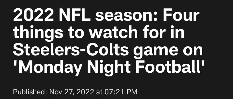 thealexhuard's tweet photo. Haven’t read this @NFL article but #1 has got to be “Literally any other channel” #mnf #PITvsIND https://t.co/OahNFb57Bc