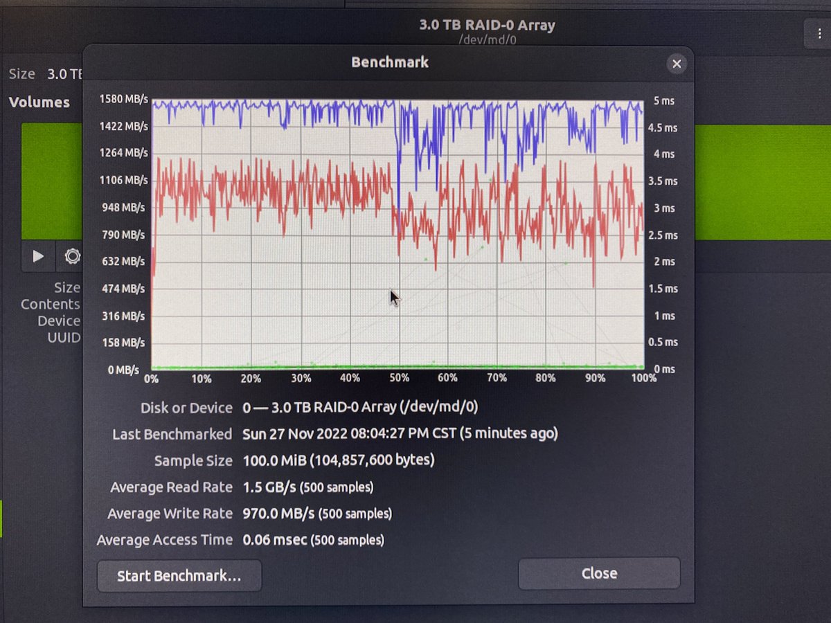 FarmChia's tweet photo. Plotting drives (3 1TB SSDs in RAID-0) start acting up. #Plotting time dropped from ~1 to 2.5h ๐คฏ
I run a benchmark and results was way off. I formatted RAID-0 and run benchmark again. Now itโs back to normal. #ChiaFarming #ChiaPlotting #XCH #ChiaNeywork #HDD #SSD #ChiaCrypto https://t.co/JSRPzo0Zqt