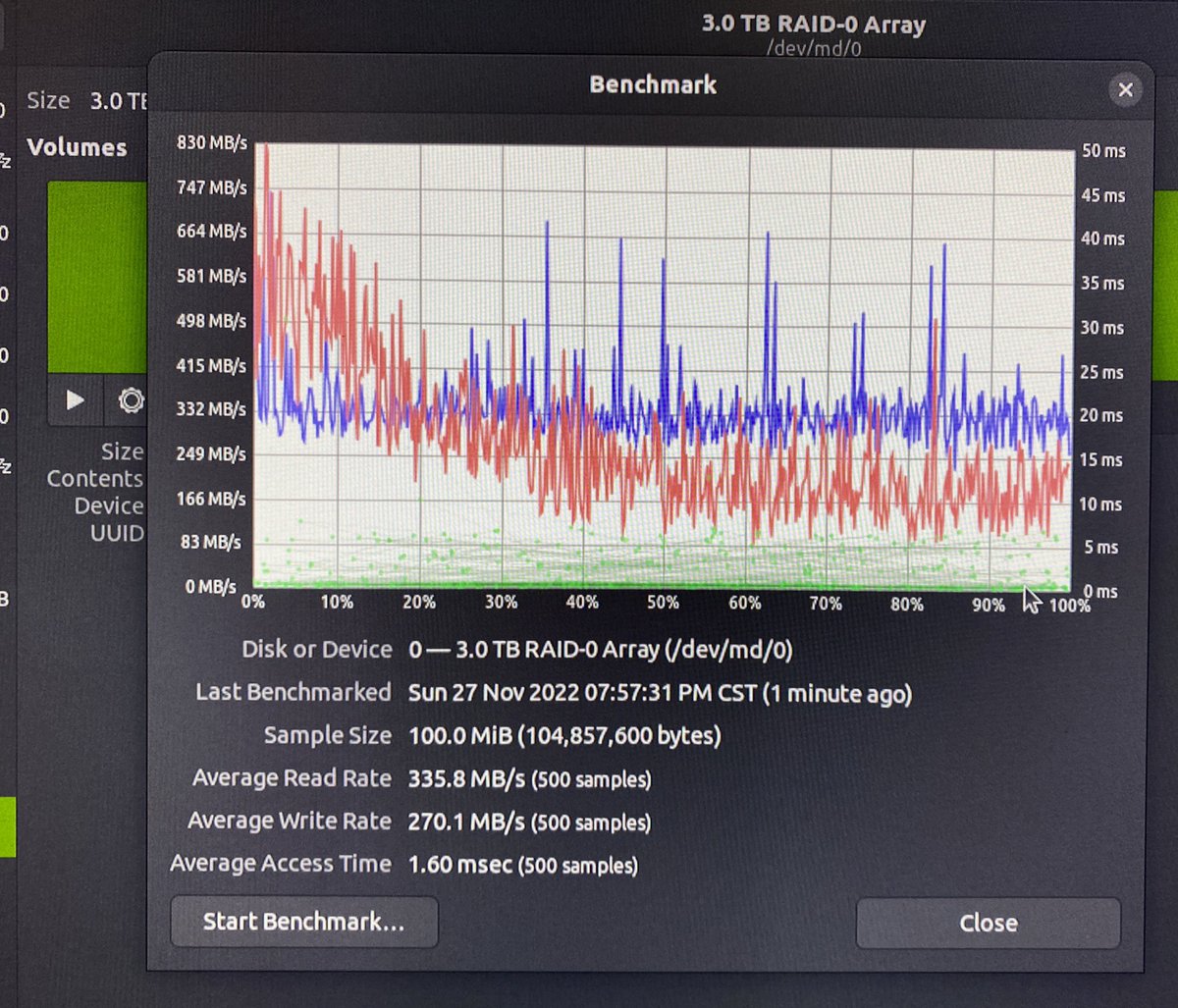 FarmChia's tweet photo. Plotting drives (3 1TB SSDs in RAID-0) start acting up. #Plotting time dropped from ~1 to 2.5h ๐คฏ
I run a benchmark and results was way off. I formatted RAID-0 and run benchmark again. Now itโs back to normal. #ChiaFarming #ChiaPlotting #XCH #ChiaNeywork #HDD #SSD #ChiaCrypto https://t.co/JSRPzo0Zqt