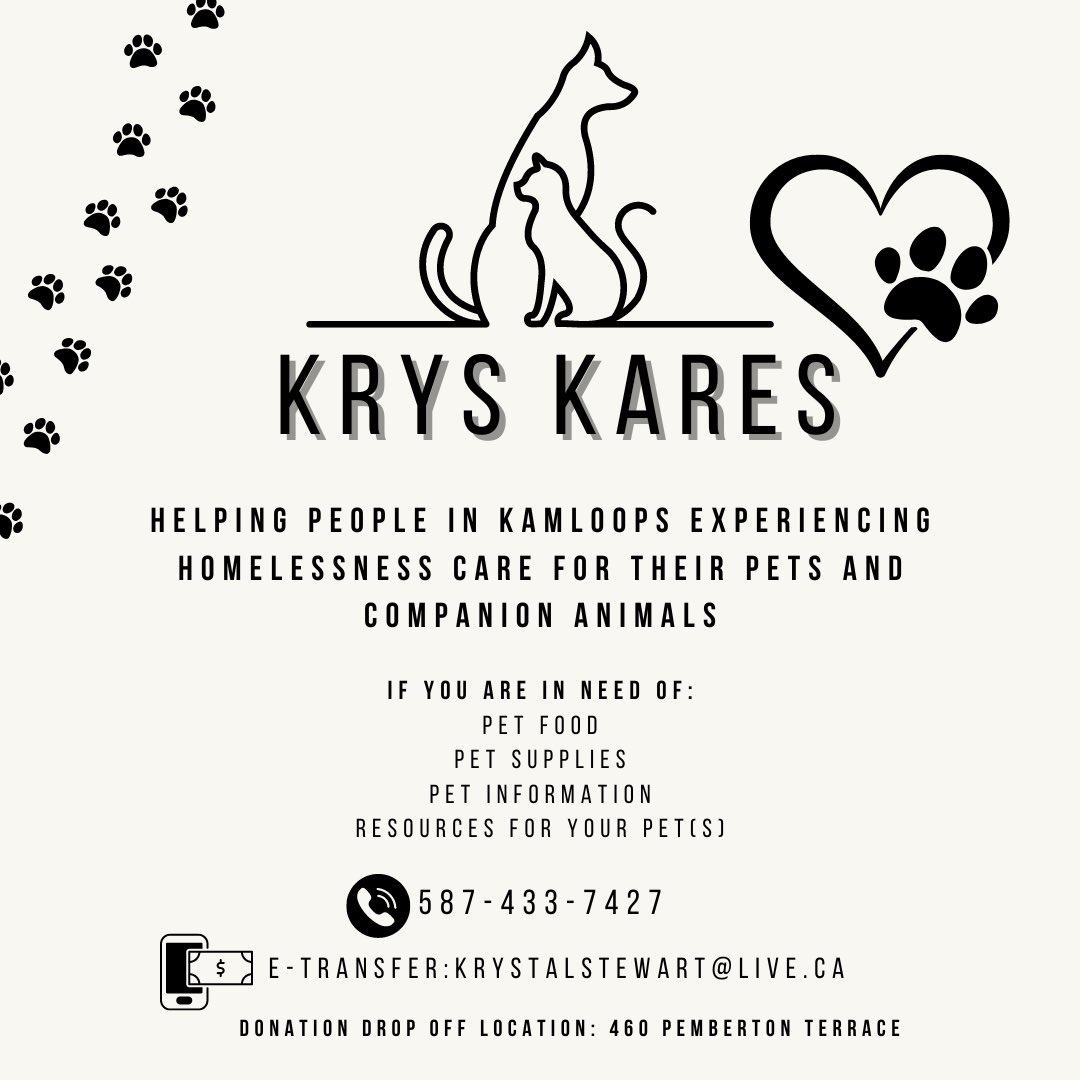 Kamloops friends, please feel free to share this info with anyone who might be struggling to care for their pets!
Donations to the Krys Kares project are needed and are greatly appreciated! Here’s the link for my GoFundMe: shorturl.at/fjqO1

Thank you for any support ❤️
