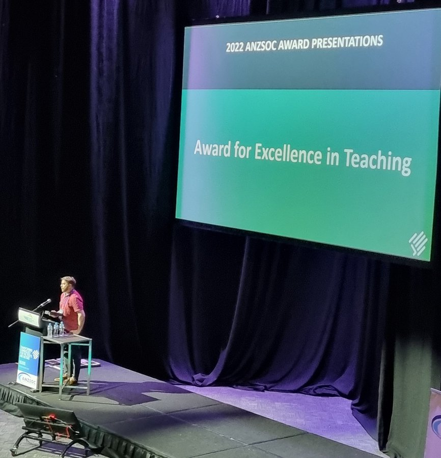 Delighted to announce I have received the 2022 Award for Excellence and Innovation in Teaching from #ANZSOC2022. Impossible without my colleagues AProf Hilde Tubex and Prof Natalie Skead. Thanks to the UWA students who make teaching so positive &amp; rewarding.
#UWA #ANZSOC2022