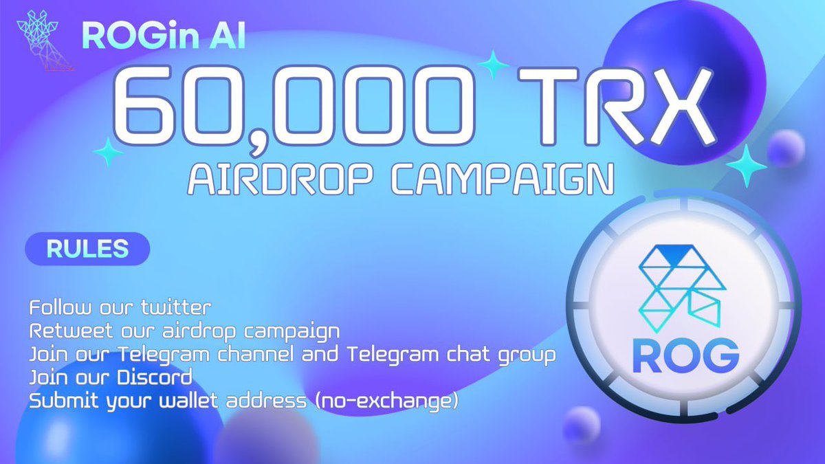 # rogin ai is running a massive 60,000TRX #airdrop campaign in  tokens!

Join our gleam competition:
🔗gleam.io/0Hb2j/rogin-ai

Follow all the rules and tag your friends to join the airdrop campaign!

#Metaverse #Giveaway