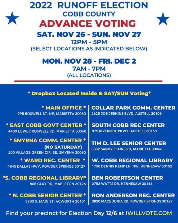 <a href="/Victorshi2020/">Victor Shi</a> 🍑 Cobb County registered voters, if you haven’t voted yet, here are your options 7am-7pm 🤜🏼🗳🤛🏾