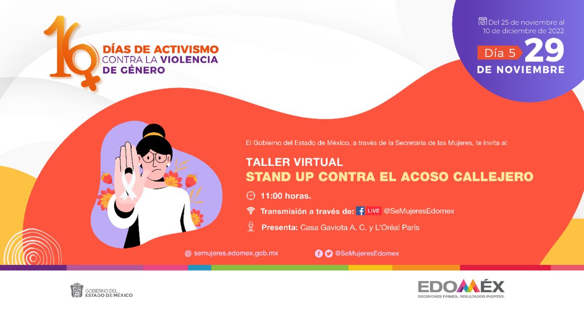 Edomex's tweet photo. Aprendamos herramientas para identificar y detener el acoso callejero a través del taller virtual "Stand up contra el acoso callejero". ¡Conéctate!
#16DíasEdoméx 🧡 https://t.co/PWldHOcNJv
