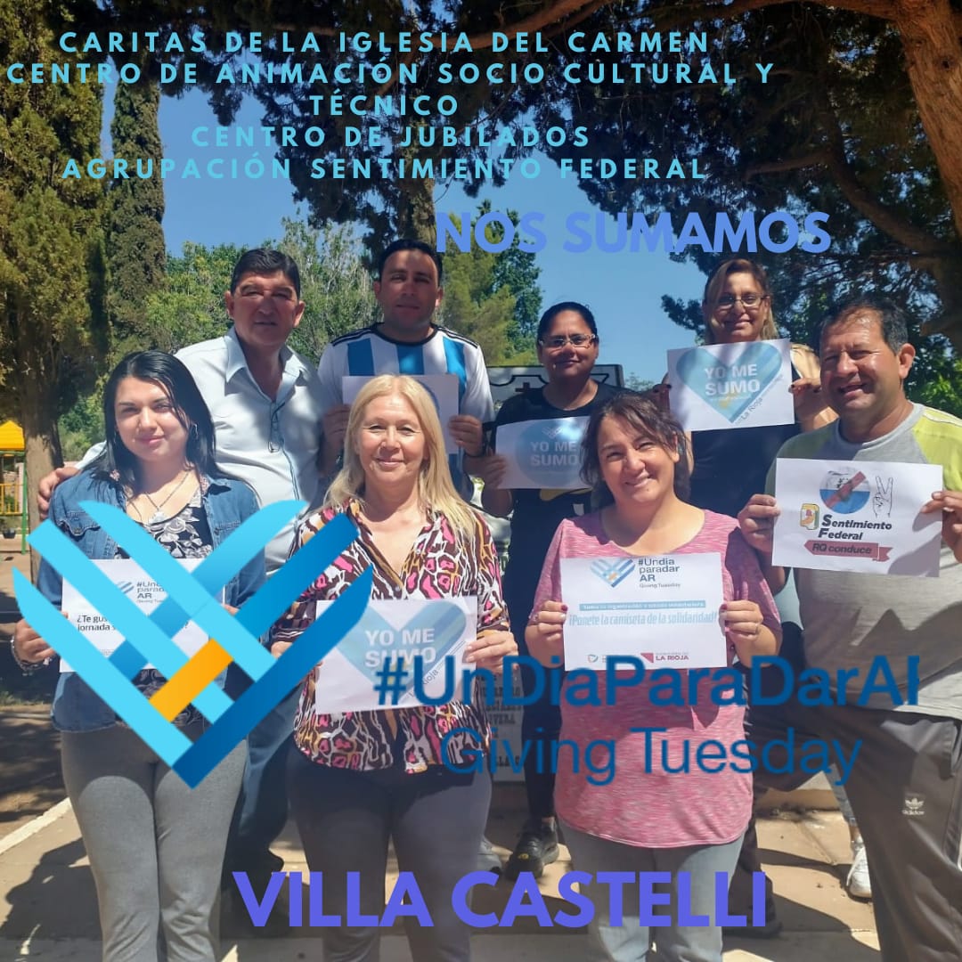 Elvecia4's tweet photo. Villa Castelli- la Rioja , se suma a la jornada mundial "UN DIA PARA DAR". Por una sociedad con cultura solidaria, comprometidos a dar o hacer algo , contagiando y creando vínculos.
#SentimientoFederal
#UnDiaParaDar
#GivingTuesday https://t.co/6Qm8hWR15S