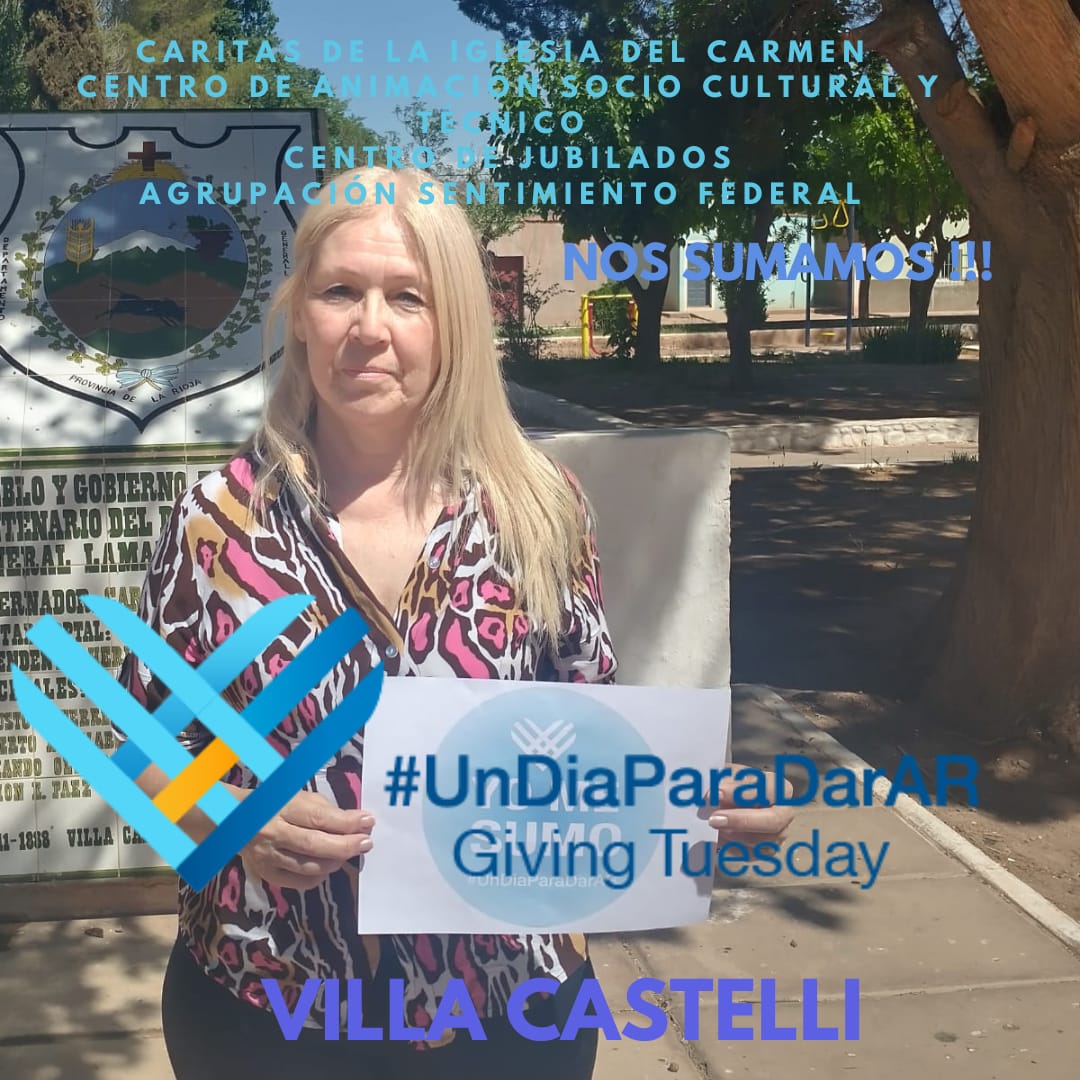 Elvecia4's tweet photo. Villa Castelli- la Rioja , se suma a la jornada mundial "UN DIA PARA DAR". Por una sociedad con cultura solidaria, comprometidos a dar o hacer algo , contagiando y creando vínculos.
#SentimientoFederal
#UnDiaParaDar
#GivingTuesday https://t.co/6Qm8hWR15S