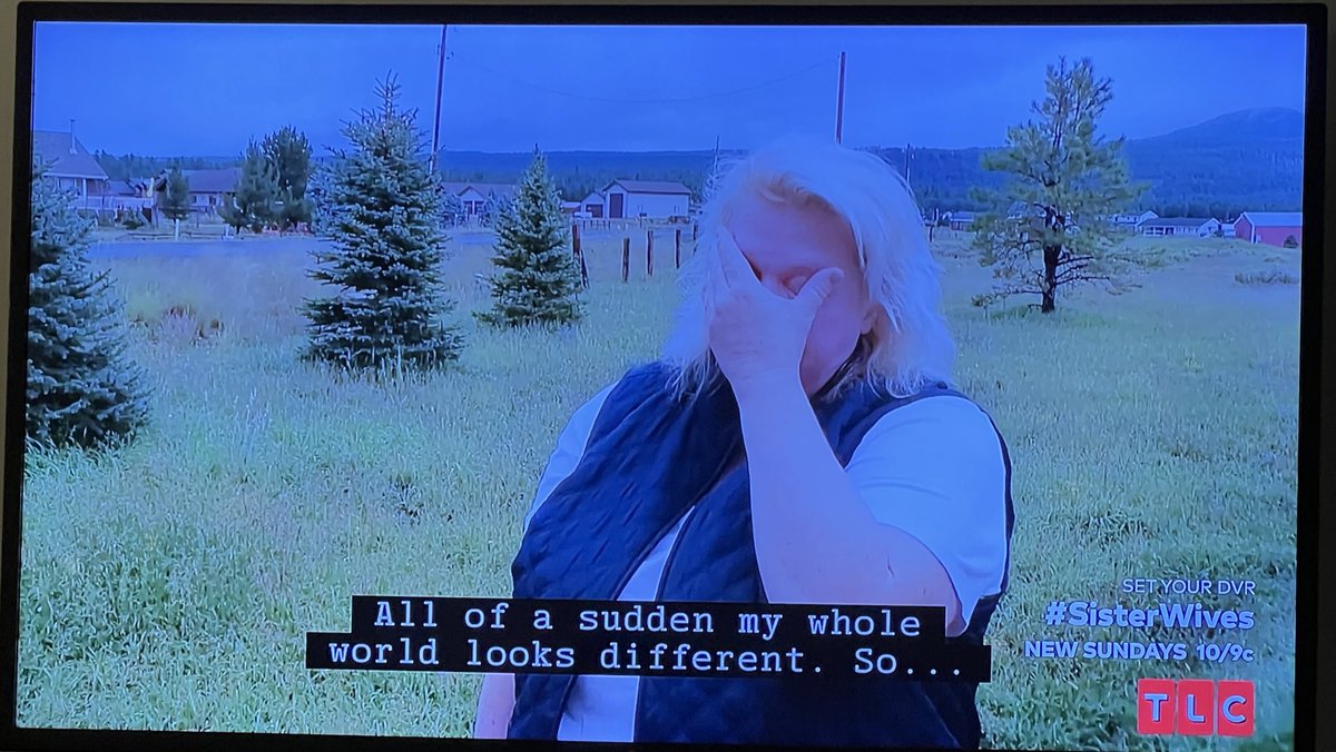 OldieSumit's tweet photo. Janelle looking down that long dark tunnel without Christine and the only light is what’s reflecting off of Kodys colossal shining forehead rich is probably also the mirror Goblyn does her eyebrows in . #SisterWives https://t.co/RLwZNiV8ss