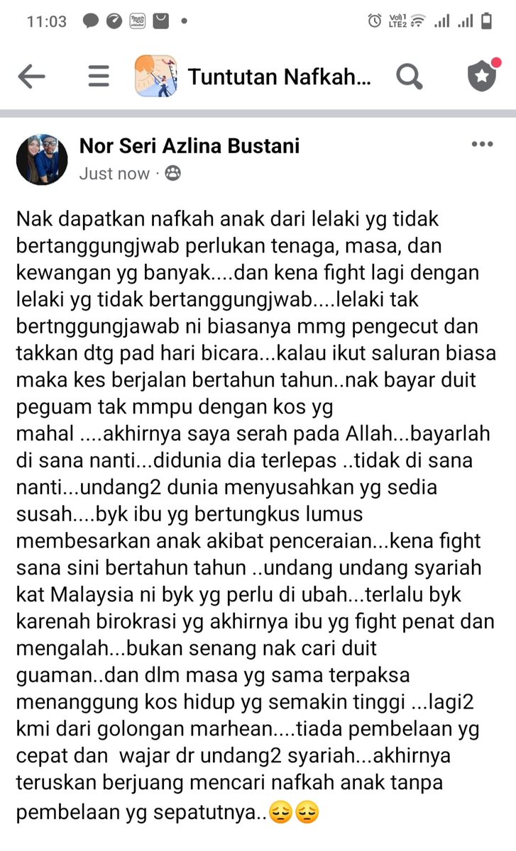 chanteq73's tweet photo. Ramai ibu yang mengalami masalah tuntutan nafkah anak. Tidak tahu nak buat macam mana. Tidak dapat keadilan yang sepatutnya. Nak rujuk pd siapa. Harap Perdana Menteri baru dapat melihat hal ini lebih mendalam. Bantu lah ibu2 yg berusaha utk nafkah anak2 mereka
#DSAI #PM10malaysia https://t.co/BGtHZDX2JV