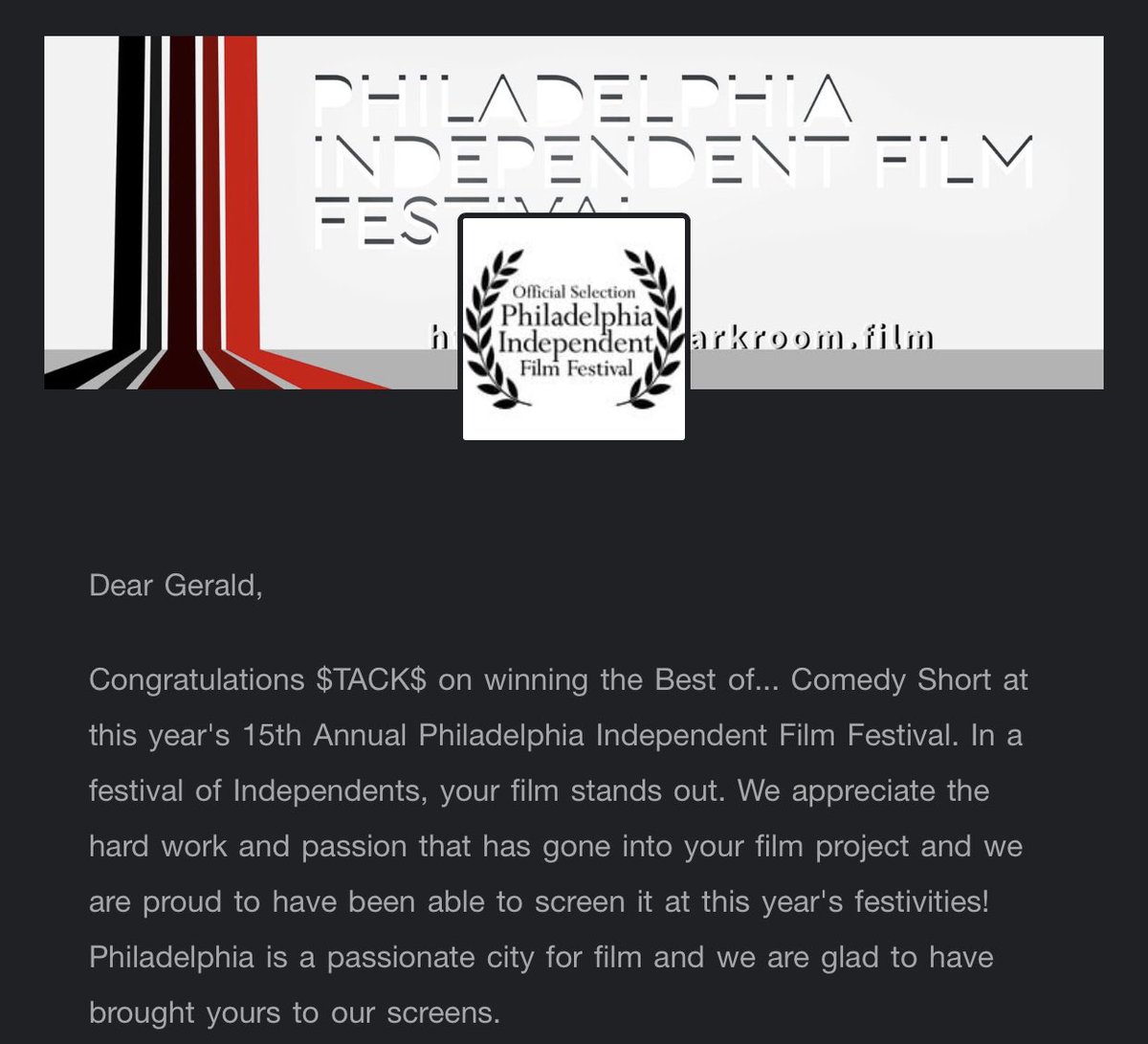 Gerald Webb (@geraldwebb) on Twitter photo Amazing news! "$TACK$" <a href="/StacksMovie/">StacksMovie</a> has won Best Comedy Short at the 2022 Philadelphia Independent Film Festival!! <a href="/PhilaIndie/">Phila Indie Film</a> starring <a href="/MarkChrLawrence/">Mark Chr Lawrence</a> Amazing news! "$TACK$" <a href="/StacksMovie/">StacksMovie</a> has won Best Comedy Short at the 2022 Philadelphia Independent Film Festival!! <a href="/PhilaIndie/">Phila Indie Film</a> starring <a href="/MarkChrLawrence/">Mark Chr Lawrence</a>