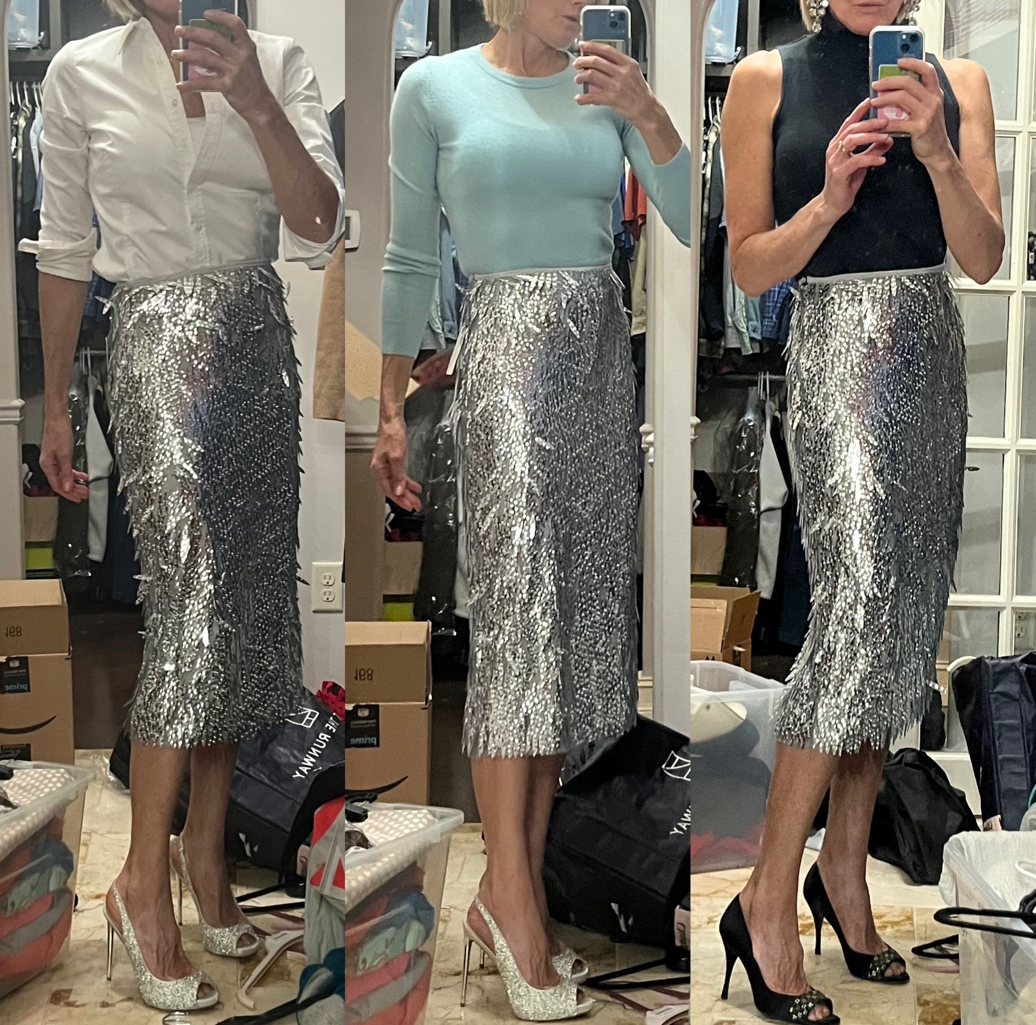 Silver skirt top white sweater