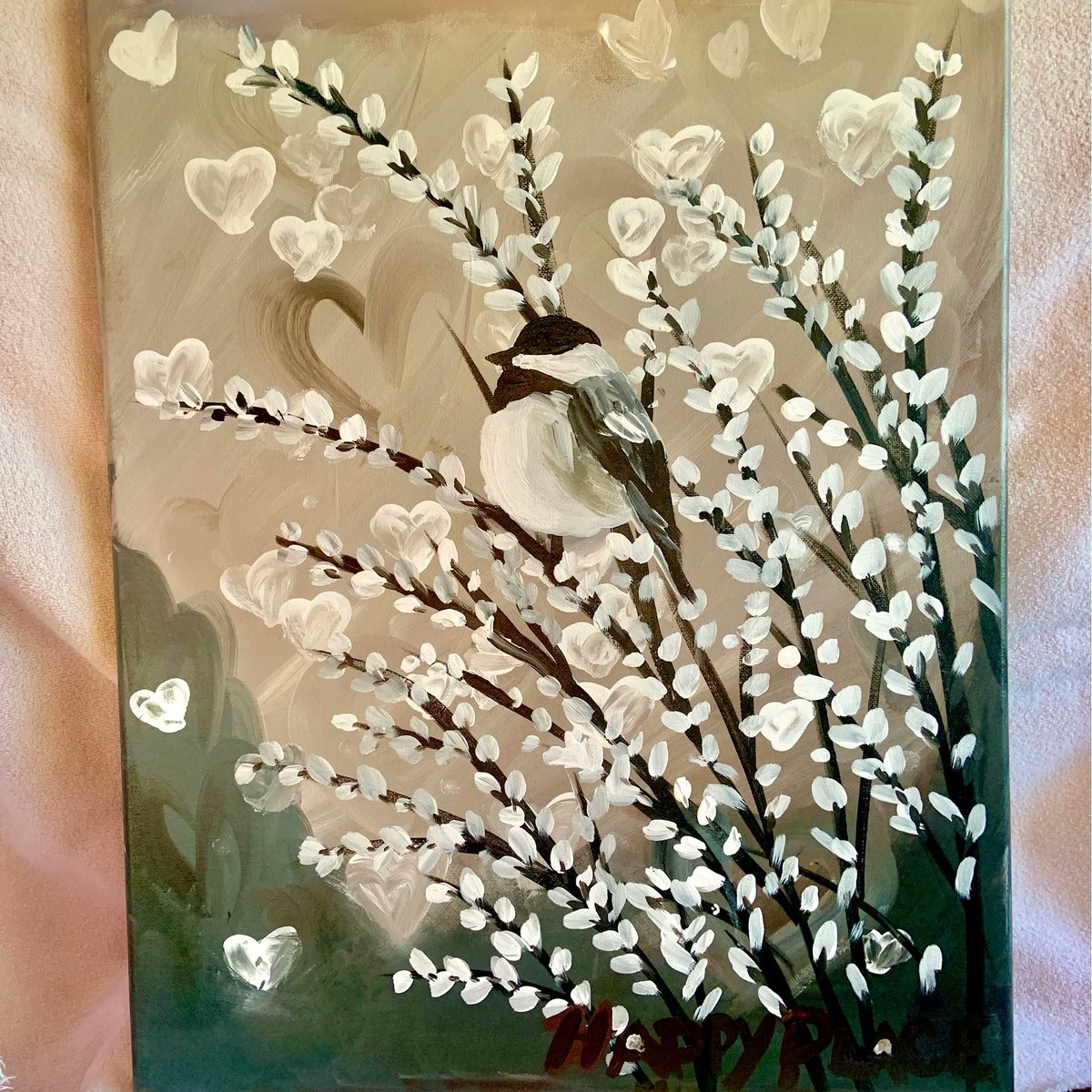 HAPPY ART - I was thrilled to find a painting event featuring this cute Chickadee. Time with a friend too. Nature & wildlife make me happy & painting them is fun with good instruction & nice company. I look forward to the next one. #paintnite #sundayfunday #ilovepainting
- Mom