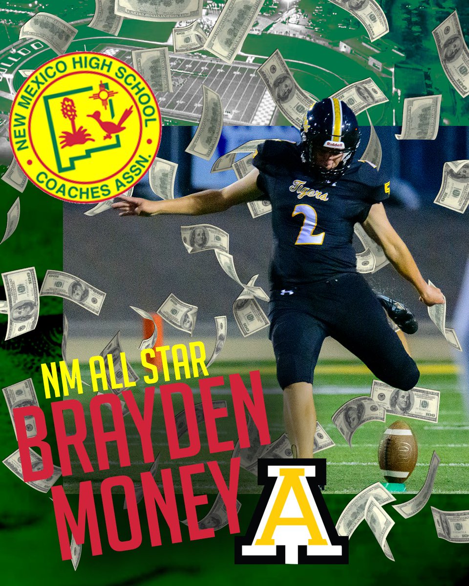 RING THE BELL!!

 ⭐️⭐️WE HAVE A NMHSCA ALL-STAR FOOTBALL PLAYER!!⭐️⭐️

Brayden Money will play for the 💵 (Green) Team!! 
In Artesia Bulldog Bowl on Saturday, Dec 3rd  at 3:00PM.