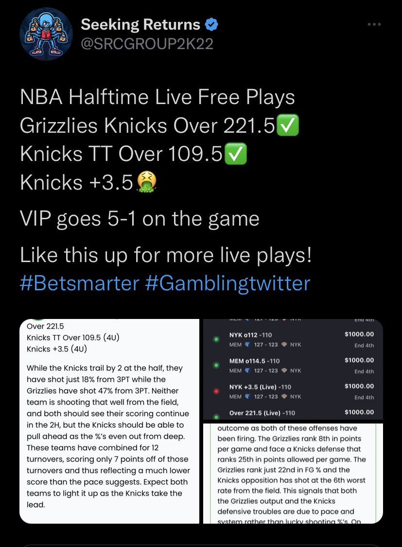 SRCGROUP2K's tweet image. NBA Free Plays Today: 7-2 (78%)

Both losses by 1 point! 

Join us for all write-up plays
bit.ly/SRCgroup2K22

To be sent tomorrow’s NBA Free Play
- Comment #Betsmarter 
- Like &amp;amp; Retweet 
- DM Done 
(Play sent by 6PM ET!)

#Betsmarter #Gamblingtwitter