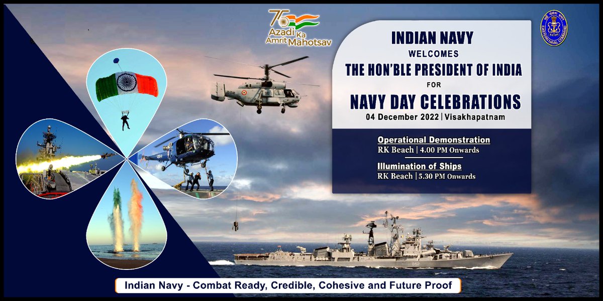 indiannavy's tweet image. 🌊#Vizag is gearing up to celebrate #NavyDay2022 with the Hon’ble President of India

#04Dec, 4 PM onwards...

The city will witness an enthralling Operational Demonstration &amp;amp; a colourful illumination of Ships of #IndianNavy off RK Beach

@rashtrapatibhvn
@IN_HQENC @AmritMahotsav