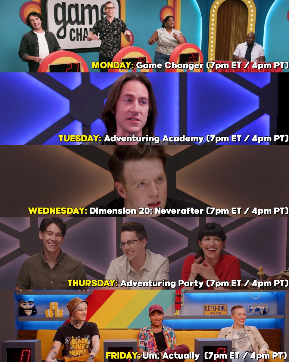dropout's tweet photo. This week on https://t.co/zHaolHSkK1:
-Monday: @GameChangerSam w/ @ZachReino, @rossbryant, @rashawnscott 
-Tuesday: Adventuring Academy w/ @matthewmercer 
-Wednesday: @dimension20show #Neverafter (AP on Thursday)
-Friday: @UmActuallyShow w/ @Froskurinn, @FionaNova, @jacuzzitubbs https://t.co/5HOFNbQVnx