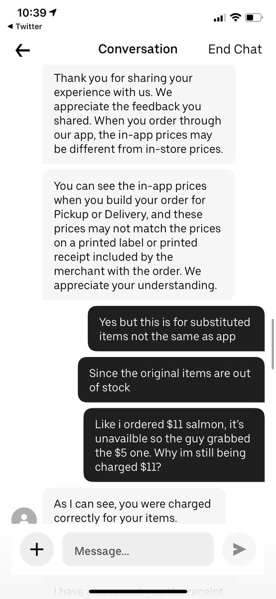aldaardelia's tweet photo. @Uber overcharged me for grocery. They substituted items to cheaper/smaller ones (i.e. salmon $11 vs actual $5) and don’t update the price. As a result i was charged $39 extra ($152 vs $113 actual receipt. Customer service is a joke and ended chat abruptly without investigation. https://t.co/IeCjnBGu6A