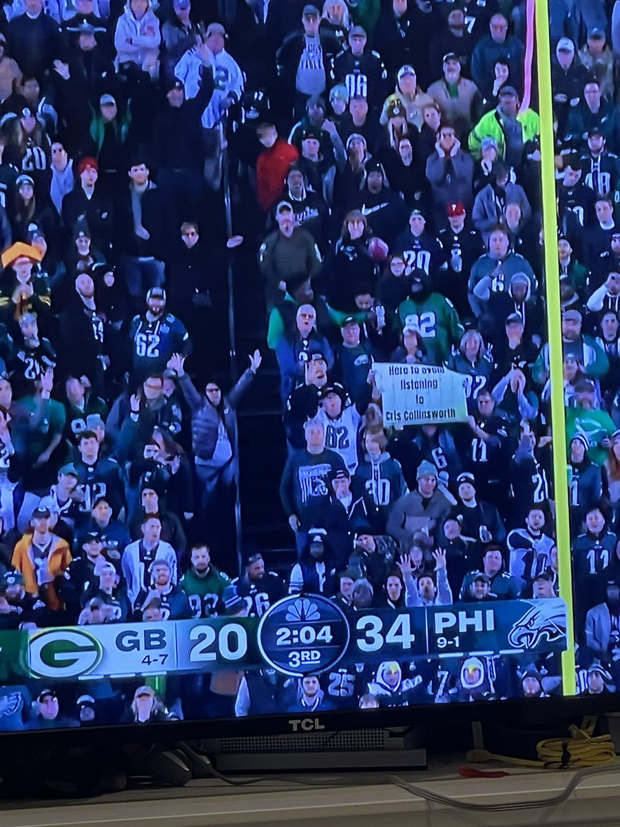 Eagles fan sign says “Here to avoid listening to Cris Collinsworth” lmao wish I didn’t have to listen to him