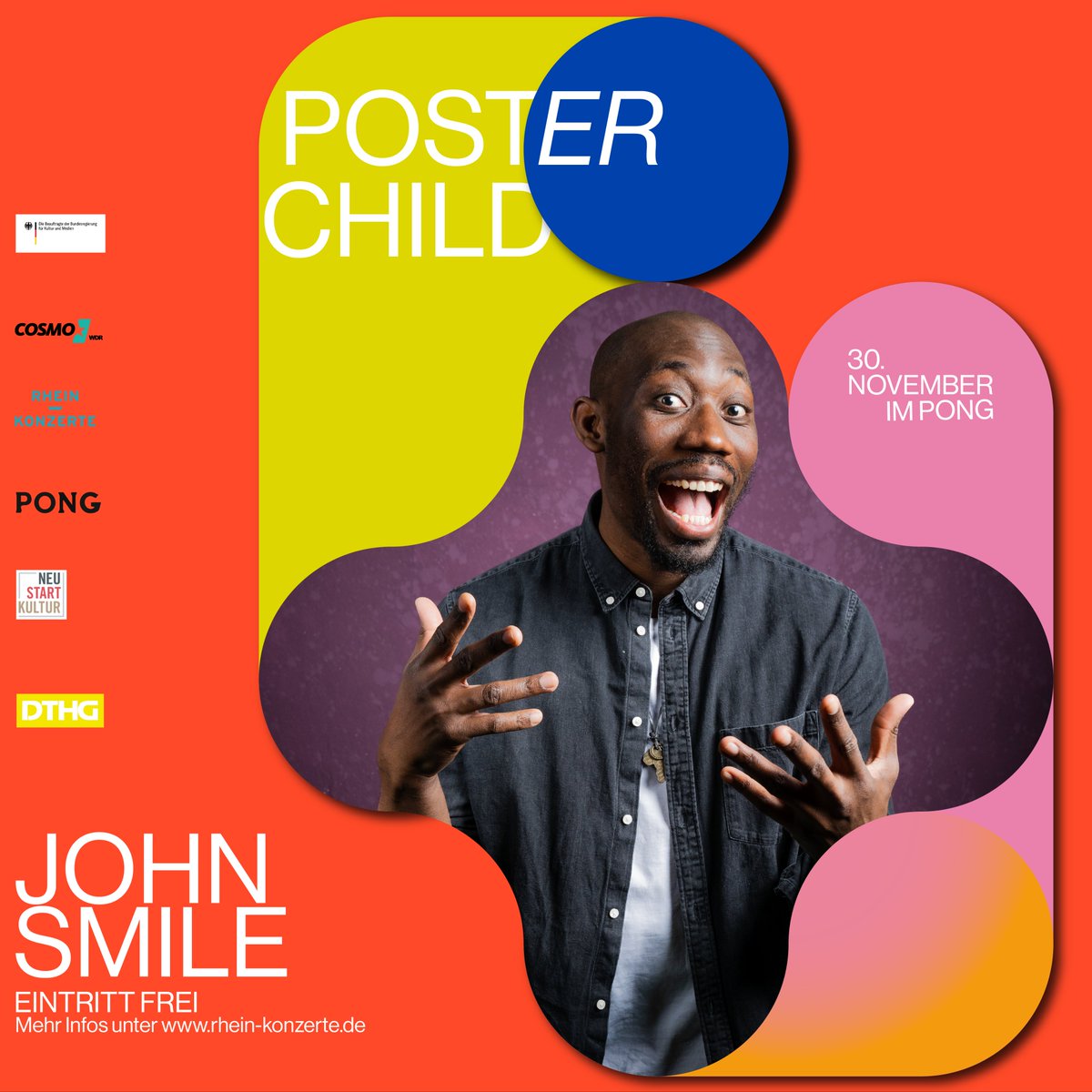 Poster_er_Child's tweet photo. Comedy. Immer mittwochs. Immer freier Eintritt. Immer Beginn um 19:00 im PONG - Foyer @NRW_FORUM 
Moderation: Benaissa Lamroubal 
Mittwoch, 30.11. mit 
ANDRÉS
JOHN SMILE 
LISANDRA BARDÉL
#comedy #standup #düsseldorf #posterchild #bipocartists #duesseldorf 
https://t.co/xHKuu6c093 https://t.co/UkRJHDnCeB