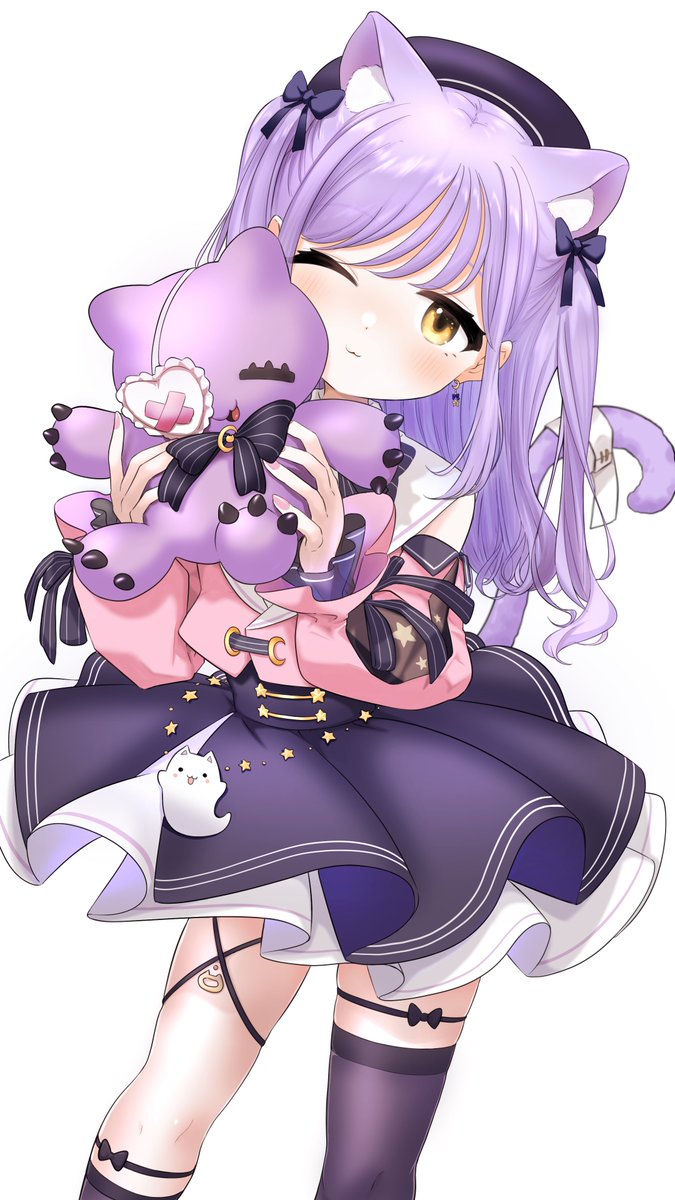 1girl animal ears stuffed toy solo stuffed animal purple hair one eye closed  illustration images